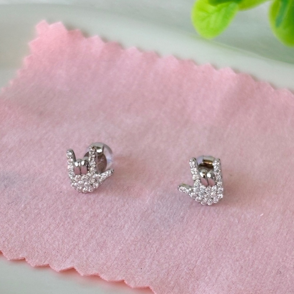 925 Sterling Silver Moissanite ASL I Love You Hand Sign Screw Back Earrings